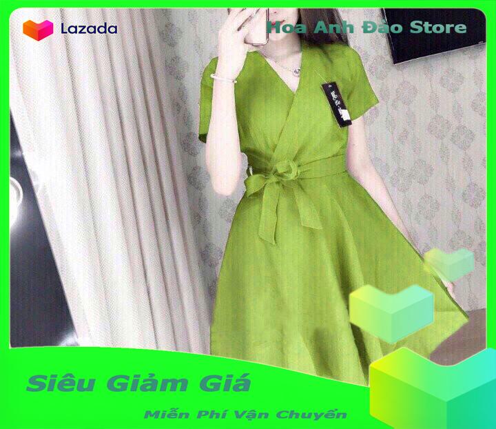 Đầm xòe cổ chéo cột nơ eo thời trang hoa anh đào