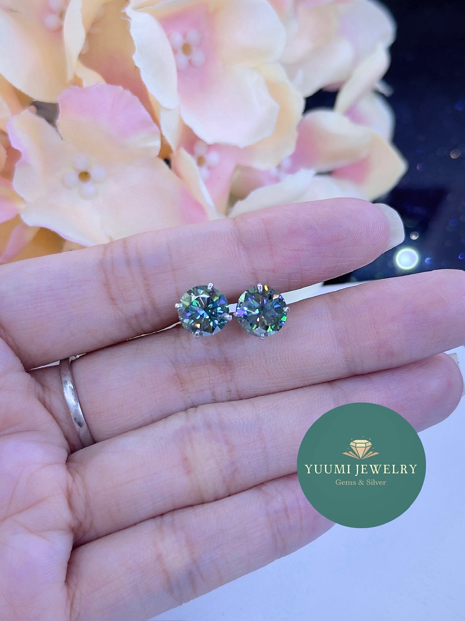 (1 ĐÔI) Bông tai Bạc 925 Kim cương Moissanite màu Xanh 4.5 - 8.1 ly (kèm Kiểm Định GRA) Yuumigems