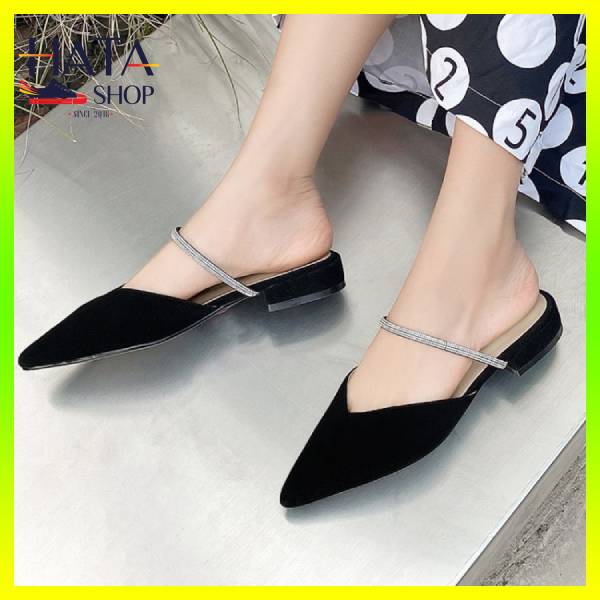 Sục nữ mũi nhọn quai ngang viền đá Hatashop cực xinh HOT 2023, giày sục nữ đẹp tiểu thư da lộn mang đi chơi, đi học, đi làm