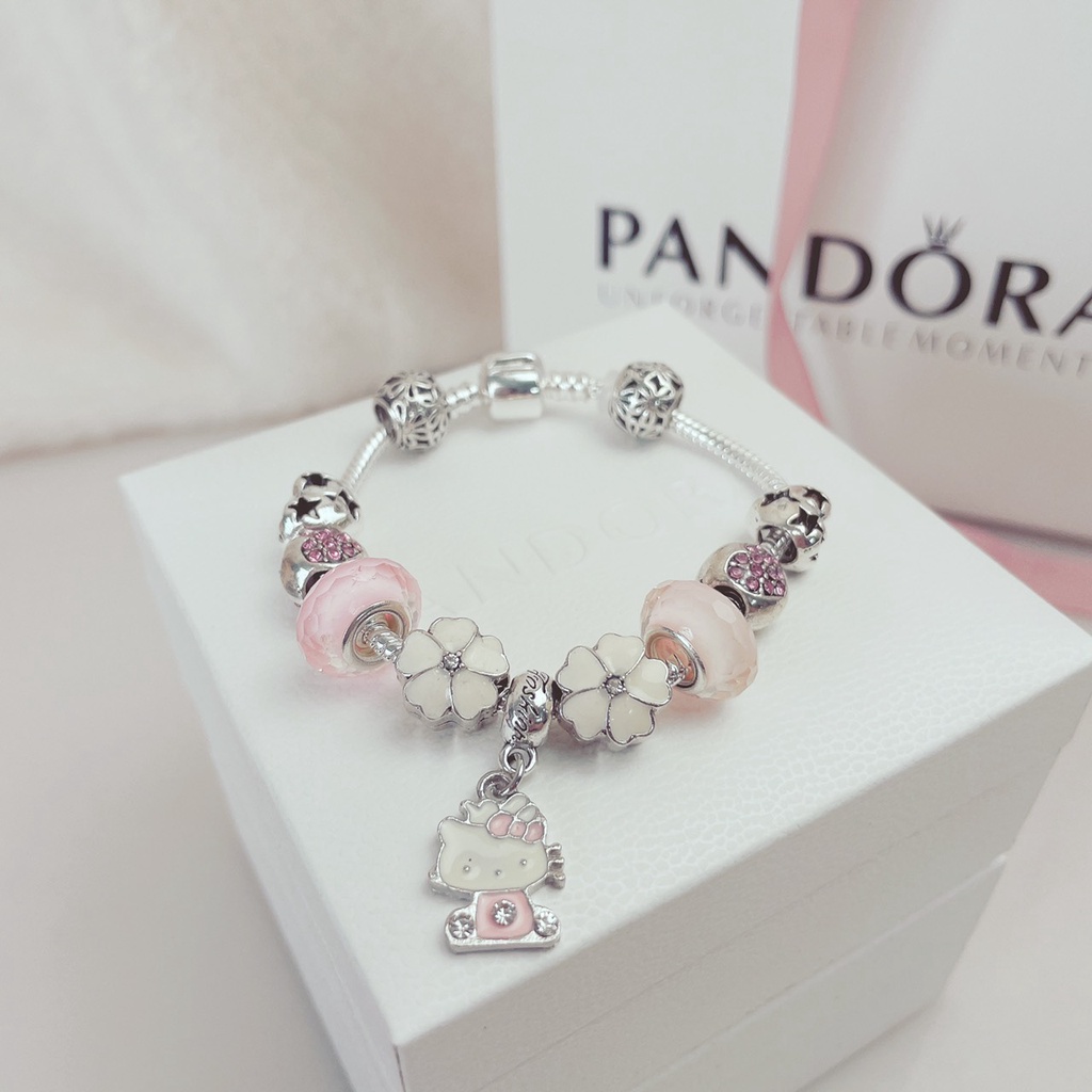 Vòng tay Pandora kim loại hình mèo đính đá thời trang dễ thương