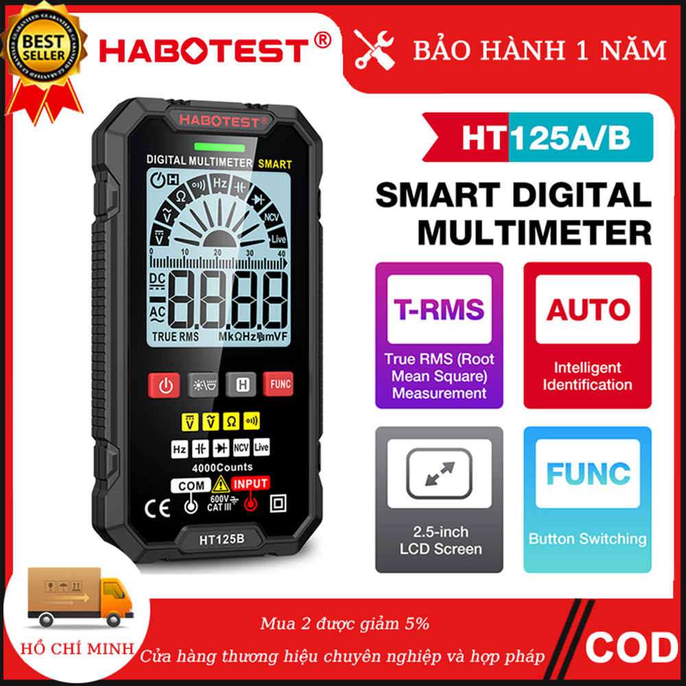 【Gửi hàng từ Bình Dương HABOTEST HT125 đa năng kế kỹ thuật số 600V AC/dòng điện một chiều kiểm tra tần số 4000 đếm tầm tự động phát hiện tự động tắt nguồn Vôn kế