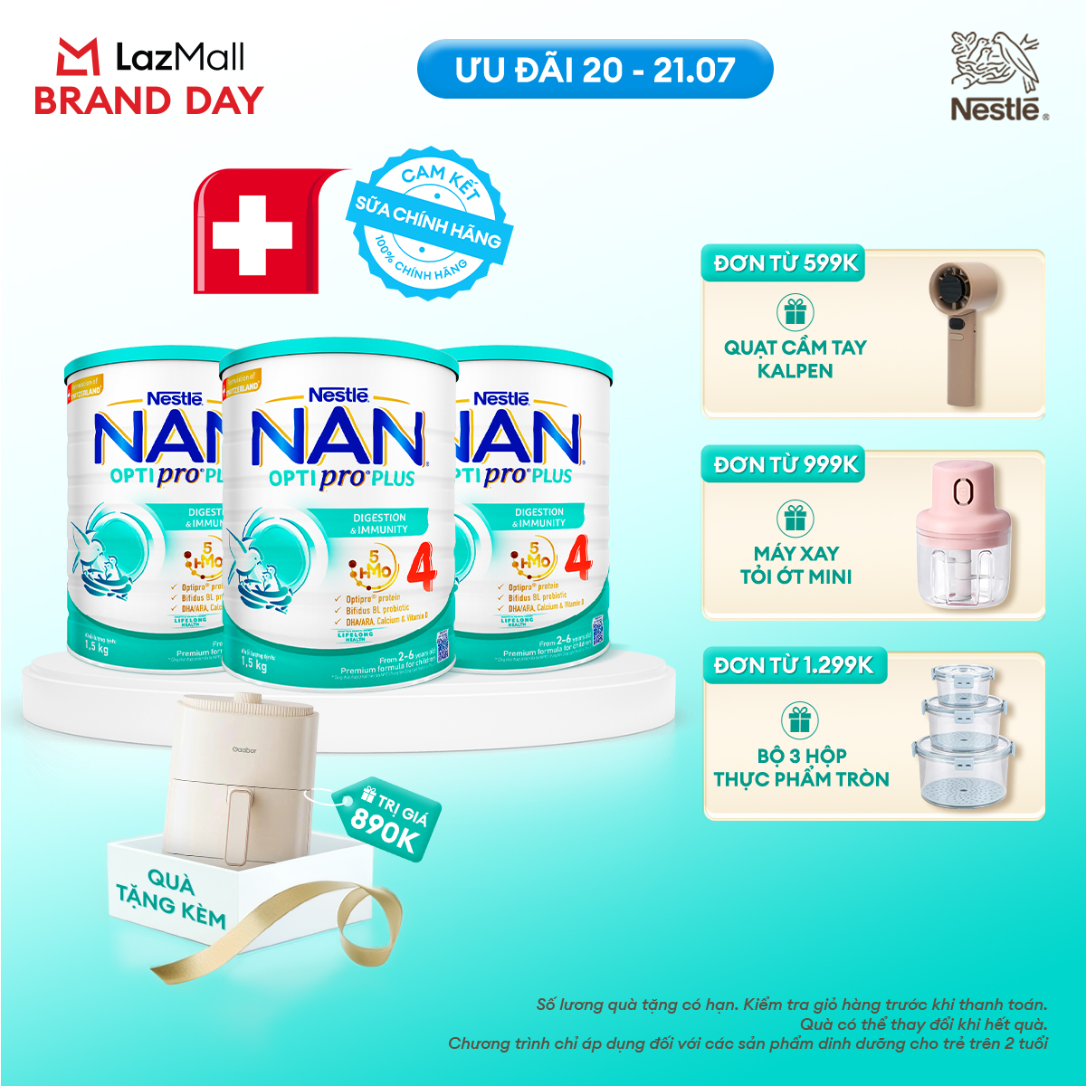 [CHỈ 20-21.07 QT ĐƠN 599K/999K/1299K][Tặng Nồi chiên không dầu Gaabor] Bộ 3 lon Sữa bột Nestlé NAN OPTIPRO PLUS 4 1500g/lon với 5HMO Giúp tiêu hóa tốt
