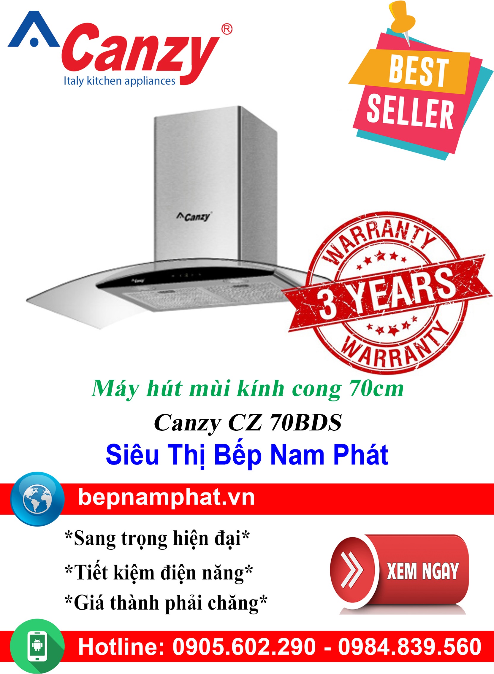 [HÀ NỘI]Máy hút mùi kính cong 70cm Canzy CZ 70BDS