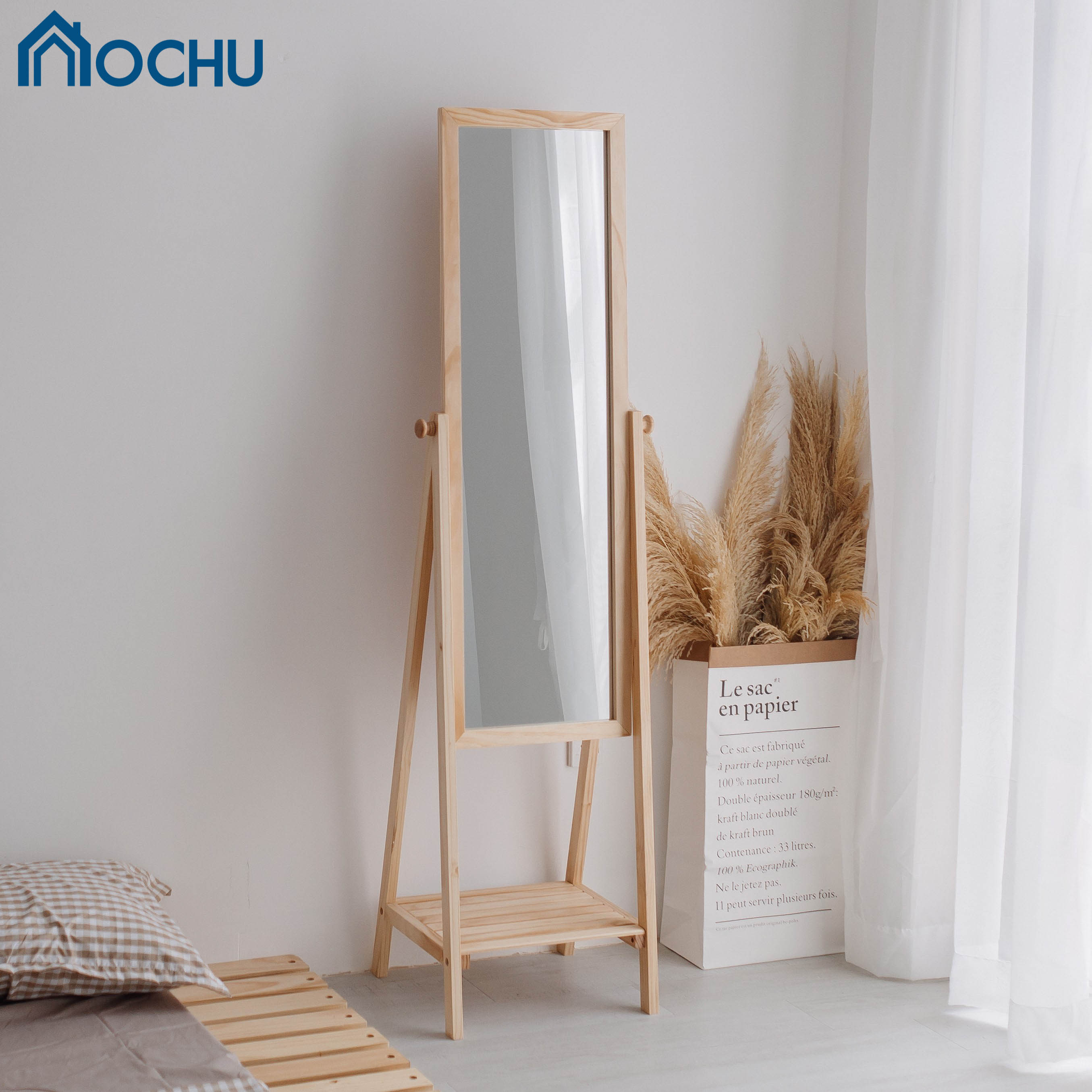Gương soi toàn thân khung gỗ đứng có kệ đẹp ochu - mirror shelf