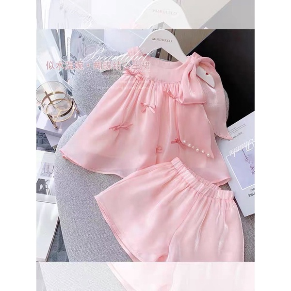Bộ tơ óng nơ lệch vai siêu đẹp cho bé gái