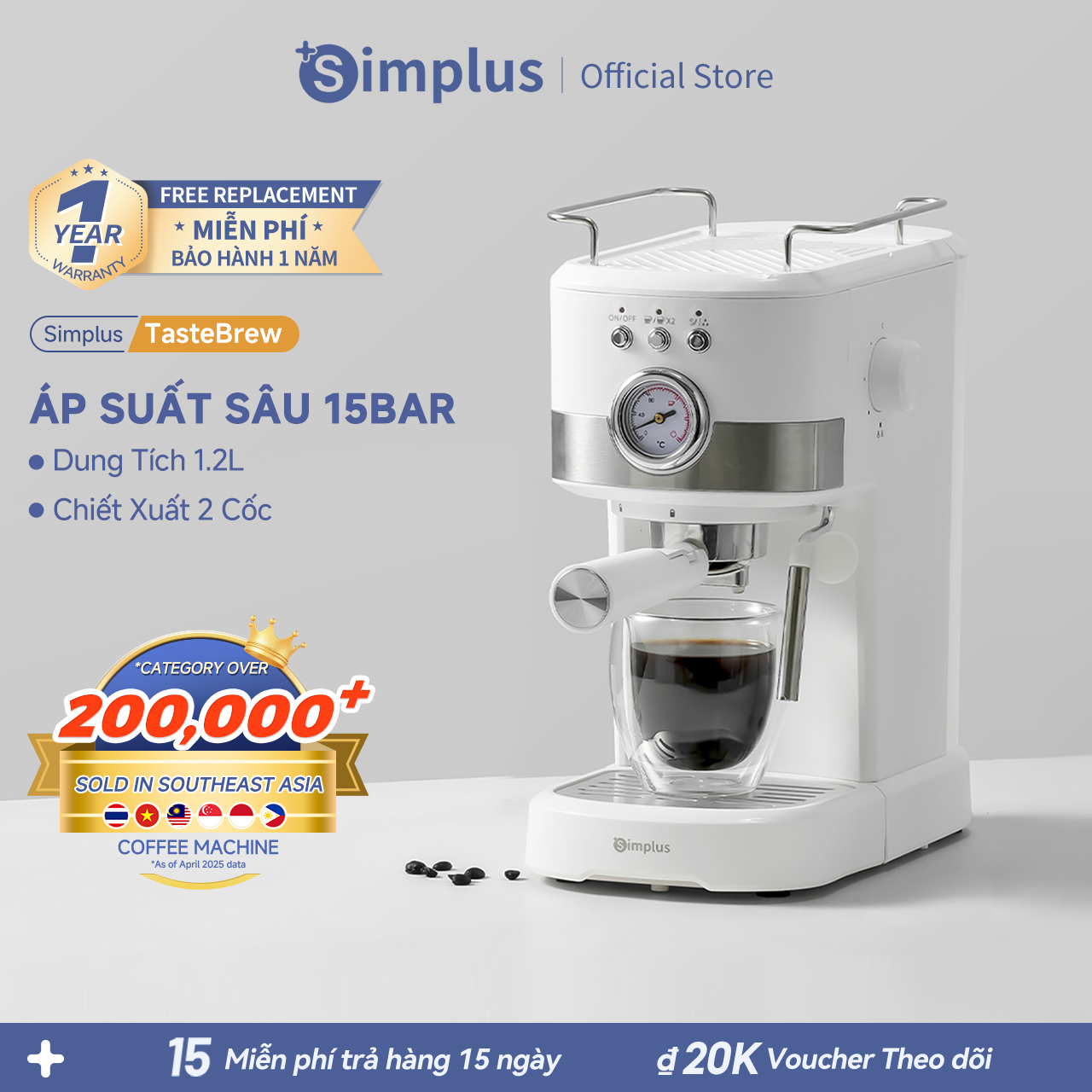  New Arrival  Simplus Máy Pha Cà Phê Chiết xuất nhỏ Giọt Tự Động 15Bar Áp xuất sâu Bình nước 12L Đồng hồ đo nhiệt độ KFJH014 - Bảo hành 1 năm 1 đổi 1 
