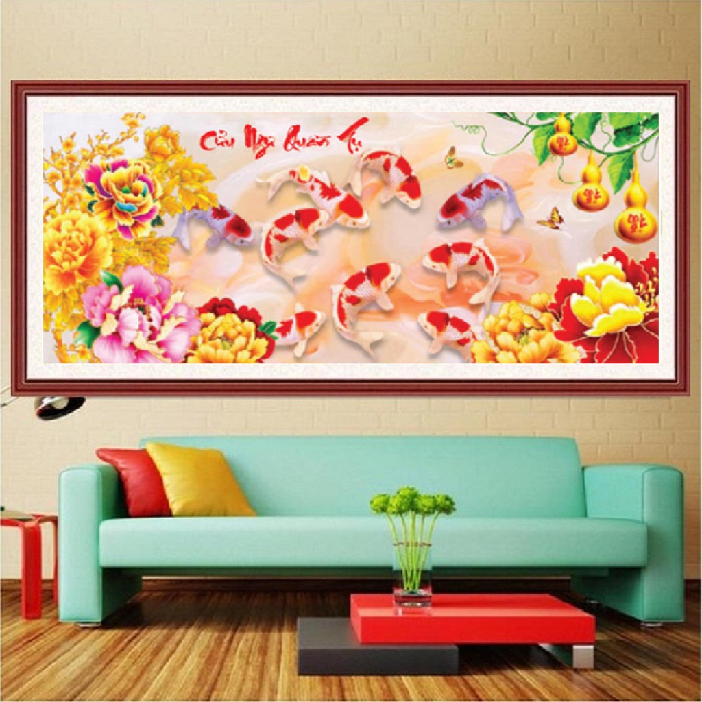 Tranh thêu chữ thập Cửu Ngư Quần Hội LV3202 (Tự Thêu)