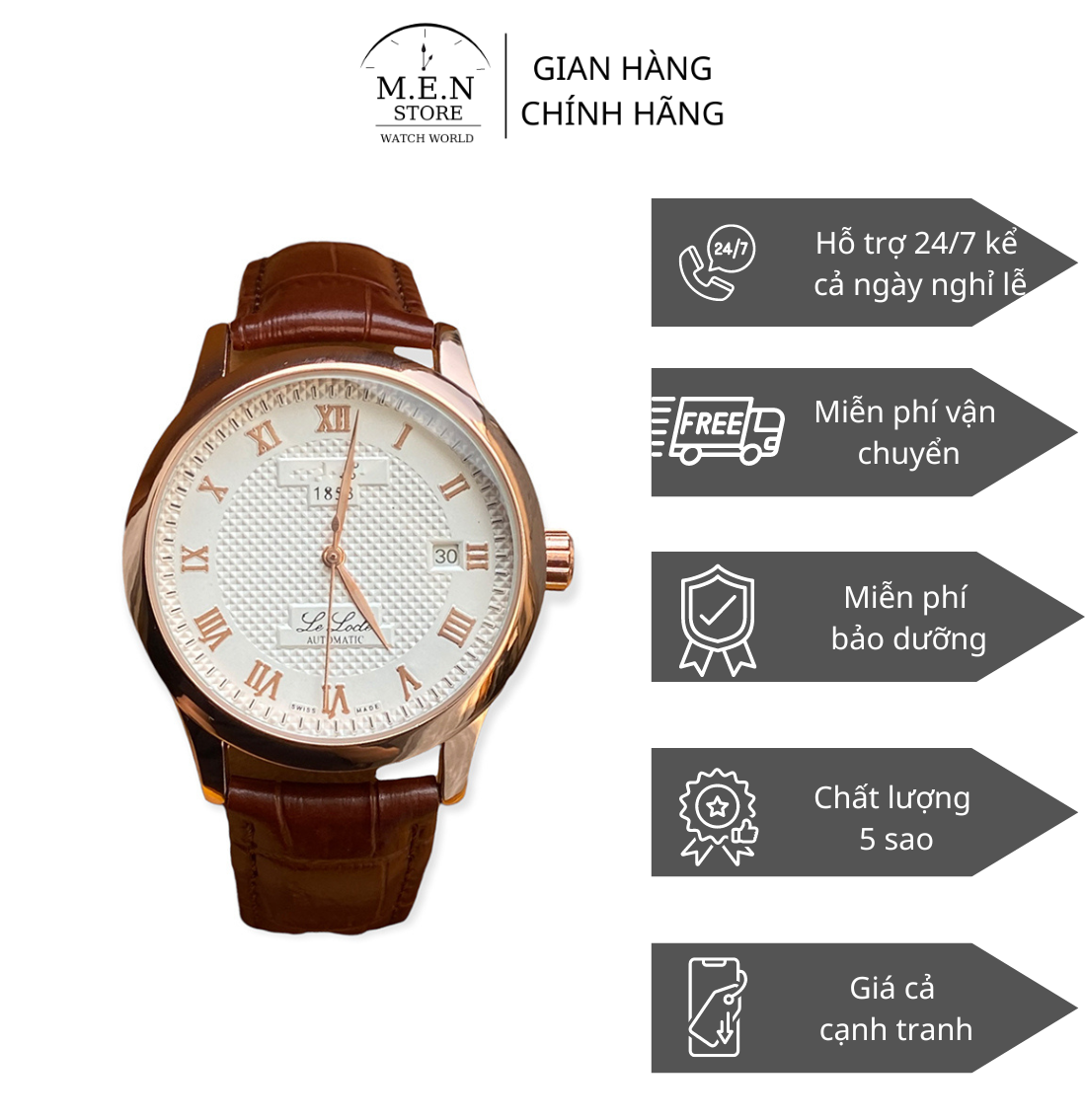 Đồng hồ nam cơ automatic dây da viền vàng sang trọng