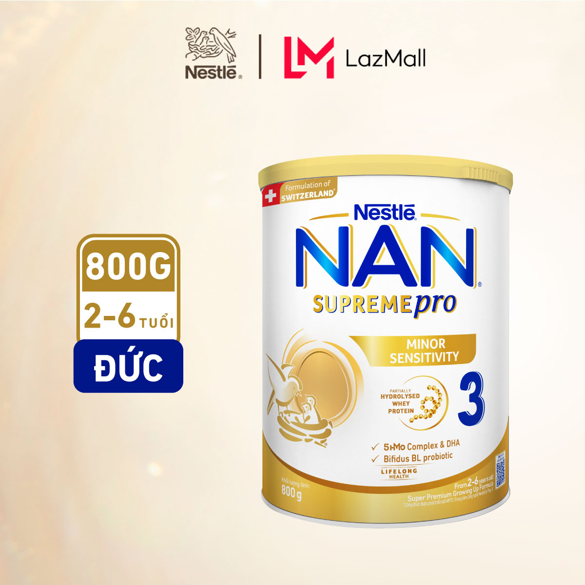 [CHỈ 20H 09/10 - 12/10 QT Đơn 599K/999K]  Sữa bột Nestlé NAN SUPREMEPRO 3 800g nhập khẩu Đức đạm thủy phân 1 phần, 5HMO ngừa mẫn cảm
