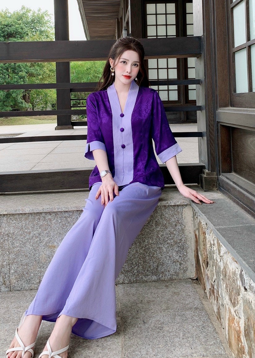 Đồ lam đi chùa # đồ lam nữ mẫu bà lai gấm phối lụa cao cấm không nhăn