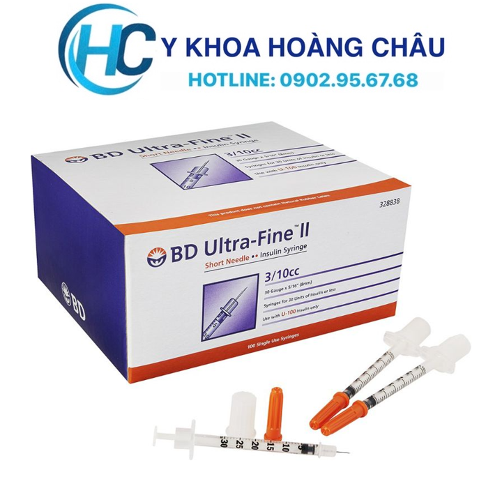[CHÍNH HÃNG] Bơm Tiêm Insulin, Kim Đầu Cam Chích Tiểu Đường BD Ultra Fine II 0,3ml (Hộp 100C)