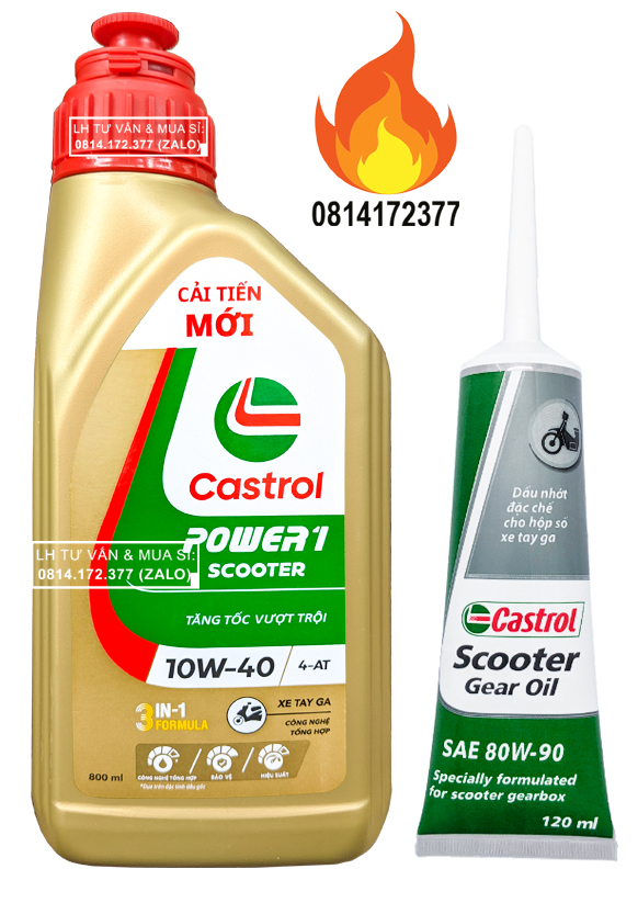 Combo nhớt tổng hợp tay ga Castrol Power-1 Scooter 10w40 800ml + Nhớt lap Castrol