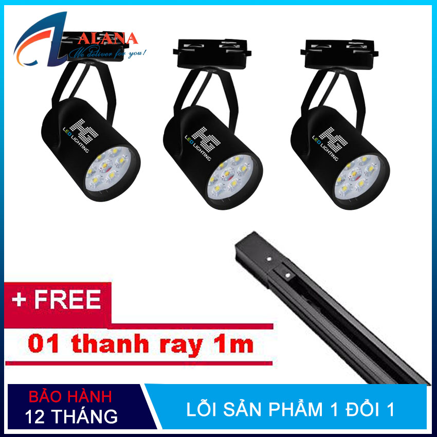 Bộ 3 đèn rọi  ray 7w vỏ đen hoặc vỏ trắng ánh sáng trắng + 1 thanh ray 1 mét
