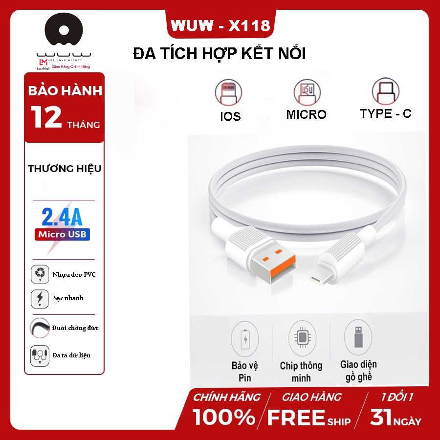 Dây sạc điện thoại, dây sạc nhanh, dây cáp sạc nhanh dòng điện 5V/2.4A, dài 1.2 mét đuôi chống đứt phù hợp cho các dòng điện thoại Iphone và Android, Type-C HÀNG CHÍNH HÃNG BẢO HÀNH 12 THÁNG WUW - X118/X128