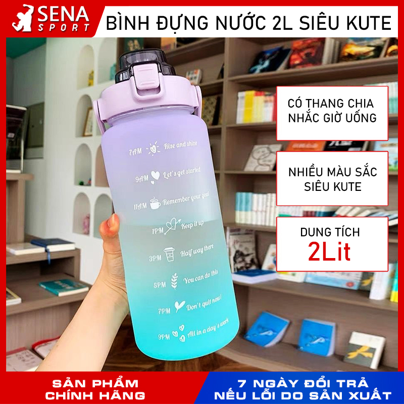 BÌNH ĐỰNG NƯỚC 2L CÓ THANG CHIA NHẮC GIỜ UỐNG NƯỚC - MÀU SẮC SIÊU DỄ THƯƠNG