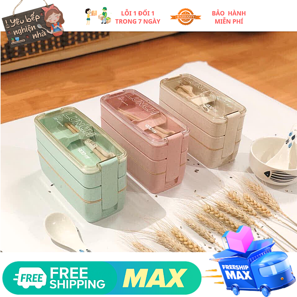 Hộp cơm 3 tầng lúa mạch luch box- hộp cơm giữ nhiệt - hộp cơm 3 tầng lúa mạch lunch box + tặng kèm muỗng, nĩa, hộp cơm văn phòng