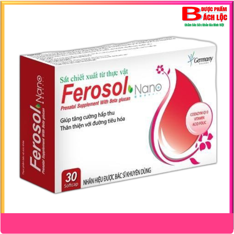 Viên uống bổ sung sắt và Acid Folic Ferosol Nano , sắt chiết xuất từ thực vật, hỗ trợ quá trình tạo máu, giảm nguy cơ thiếu máu do thiếu sắt, acid folic-Hộp 30 viên- Dược Phẩm Bách Lộc