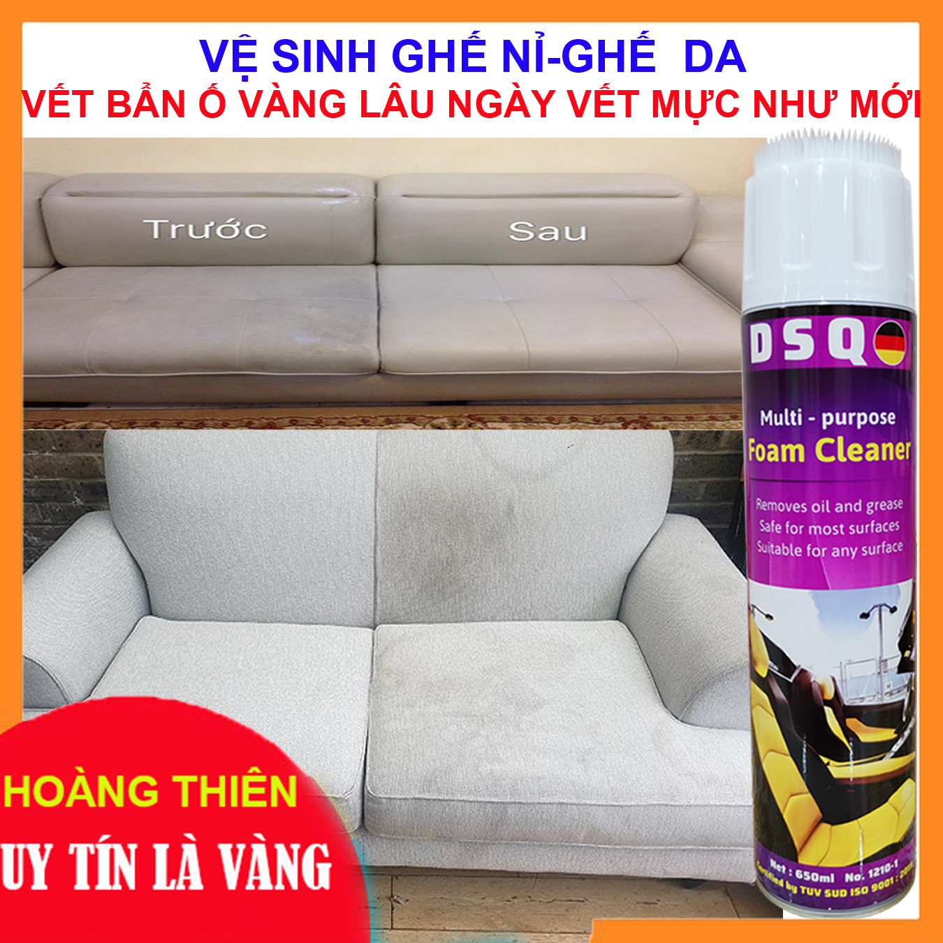 [Sạch Như Mới] Bình Xịt Vệ Sinh Nội Thất Ô tô - Tẩy Vết Bẩn Trên Ghế Da, Sofa, Nhựa Nhám Xe Hơi - Bọt Tẩy Rửa Đa Năng - Làm Sạch Bàn Kính, Tivi, Laptop, Đồ Điện Tử, Tẩy sạch vết bẩn cứng đầu - DSQ FOAM CLEANER 650ML- TUSAN