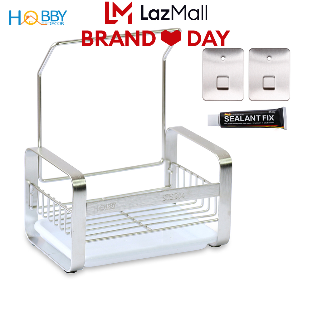Kệ rổ đựng đồ rửa chén dán tường HOBBY KRC3 Inox 304 kèm khay hứng nước và miếng dán tường - Có thanh vắt khăn