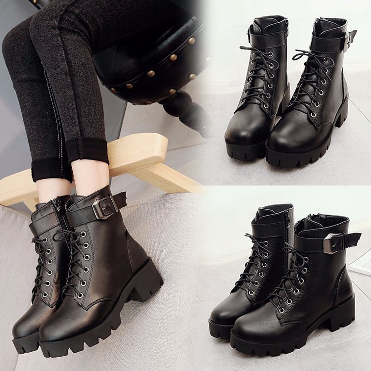 Boots cổ ngắn,Boots combat,Giày nữ, kéo khóa, cao gót, thắt dây, gót thô, đế dày, thời trang, cho mùa đông (sẵn hàng)