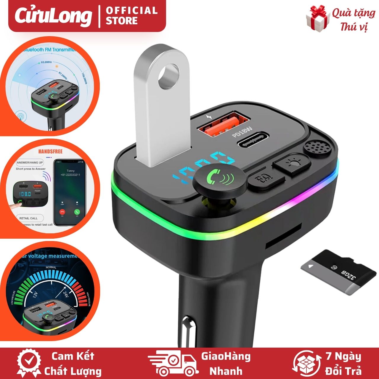  Tẩu Sạc Nhanh Ô tô PD 20W Bluetooth 5.0 FM nghe nhạc Mp3 gắn thẻ nhớ mở rộng màn hình đo điện áp cho xe hơi xe tải 12V 24V đa năng 