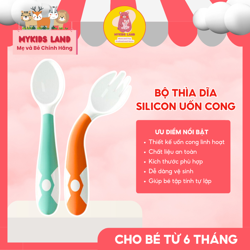 Bộ Thìa Dĩa ( Muỗng Nĩa ) Silicon Uốn Cong Cao Cấp ( Kèm Hộp ) Cho Bé Tập Xúc - Ăn Dặm Silicone