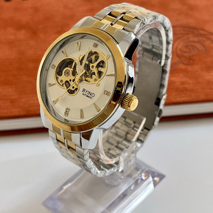Đồng hồ nam byinoo máy cơ dây thép đúc lộ cơ sang trọng mặt 42mm
