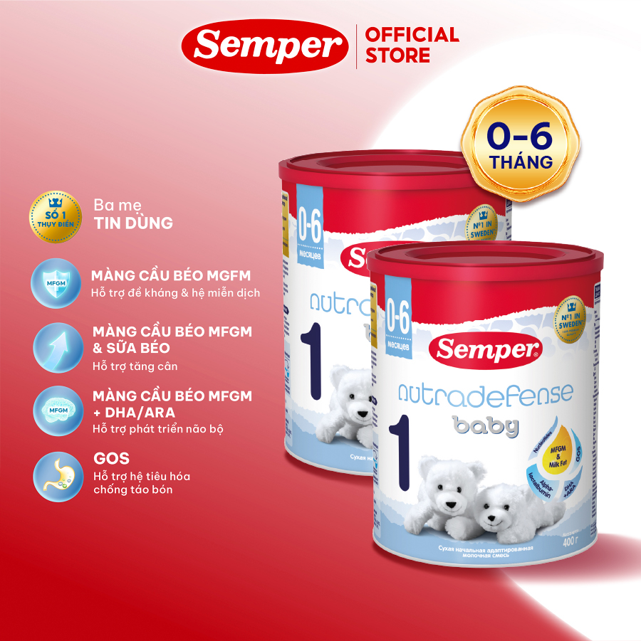 Combo 2 Sữa bột công thức Semper Nutradefense Baby 1 400g/hộp dành cho trẻ dưới 6 tháng tuổi hỗ trợ hệ miễn dịch và tiêu hóa, bổ sung DHA&ARA, Omega 3, vitamin D giúp trẻ phát triển toàn diện