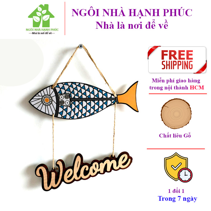 Bảng gỗ decor trang trí SHOP CÁ WELCOME (tặng kem móc treo tường)