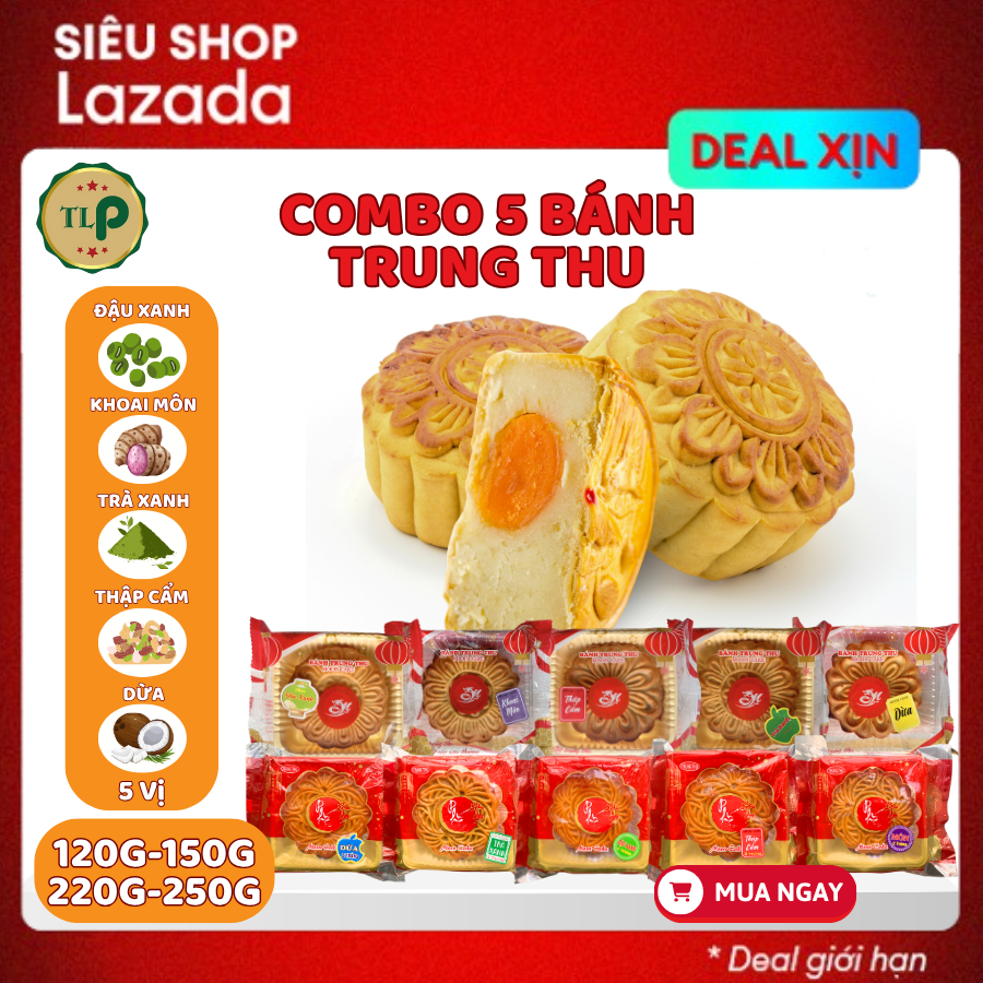 Combo 10 Bánh Trung Thu Truyền Thống Đủ Vị Nhân Bánh (Thập Cẩm, Đậu Xanh, Khoai Môn, Dừa, Trà Xanh)