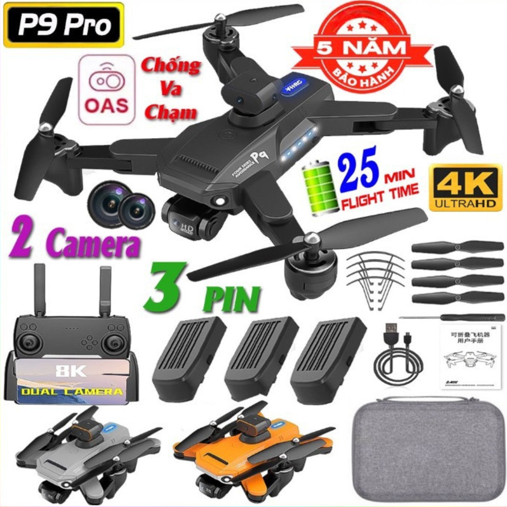 [ CAMERA 8K ] Máy Bay Flycam P9 Pro Max Drone Mini Cảm Biến Tránh Vật Cản, Pin Lithium 2500mAh bay 25-30 Phút, Cảm Biến 4 Chiều, Chống Rung, Tránh Va Chạm, Play camera Chất hơn f11 pro 4k, Mavic 2 Pro, l900 pro, s70w, e58, BH uy tín