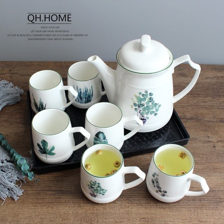 [CÓ SẴN] Bộ ấm cốc họa tiết lá xanh 6 cốc kèm giá hoặc khay, bộ bình trà bày Tết: 7.12