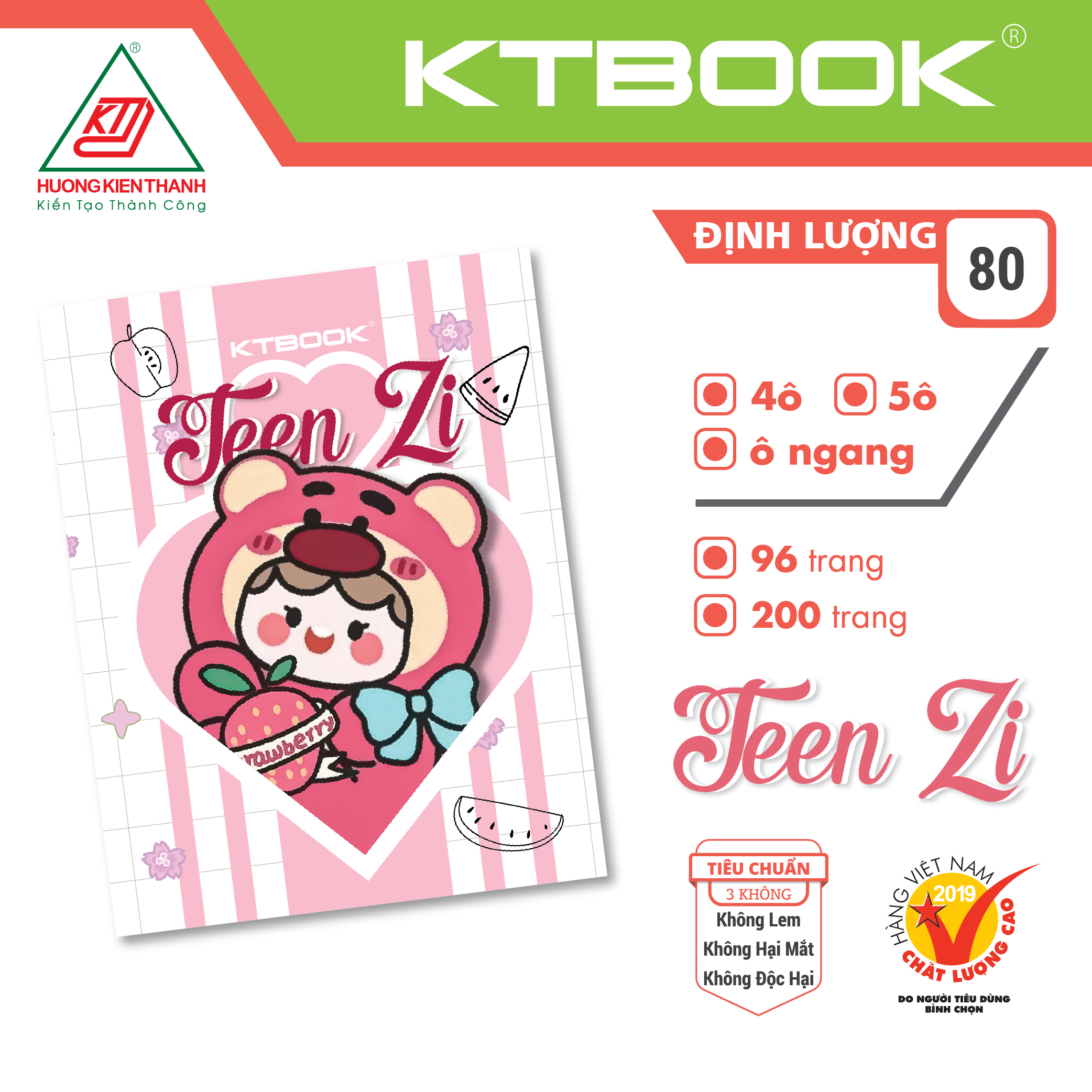 Gói 10 cuốn tập học sinh cao cấp teenzi gấu dâu ktbook giấy trắng không lem đl 80 gsm - 96 trang
