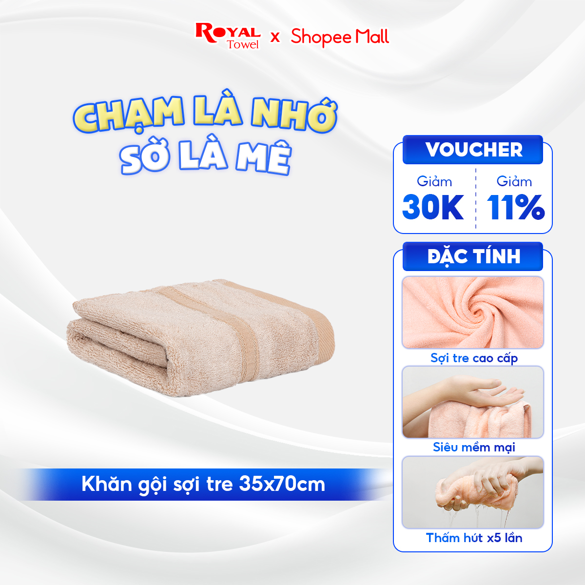 Khăn gội, khăn lau đầu sợi tre Royal Towel 35x70cm