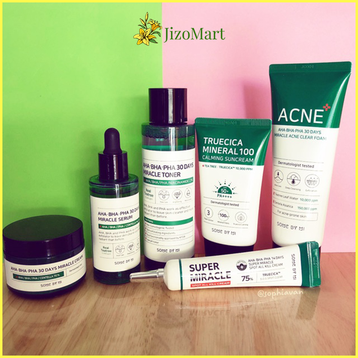 Set 6 Chăm Sóc Da Mụn Some By Mi Chuyên Sâu Chiết Xuất Tràm Trà Some By Mi AHA-BHA-PHA 30 Days Miracle (SRM, Toner, Serum, Cream, Suncream, Kem chấm mụn) - some by mi chính hãng