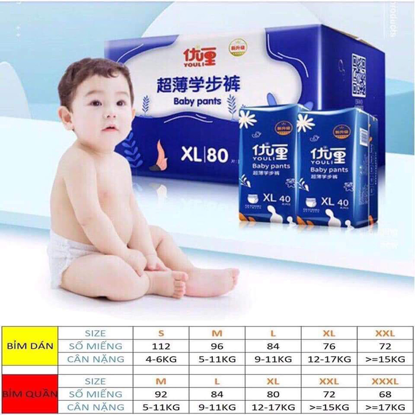 Bỉm/Tã/ Quần Youli baby pants xanh nội địa trung đủ size M44/L42/XL40/XXL36/XXL32, Bỉm tả quần Youli Xanh Siêu Mỏng,Siêu Thắm, chống tràn 1 bịch