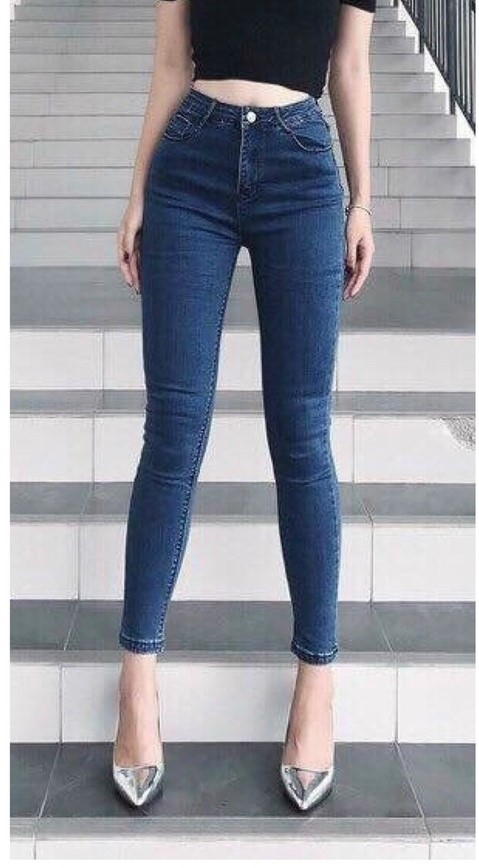 Quần Jeans vải mịn co dãn mạnh, lưng cao màu XANH ĐẬM