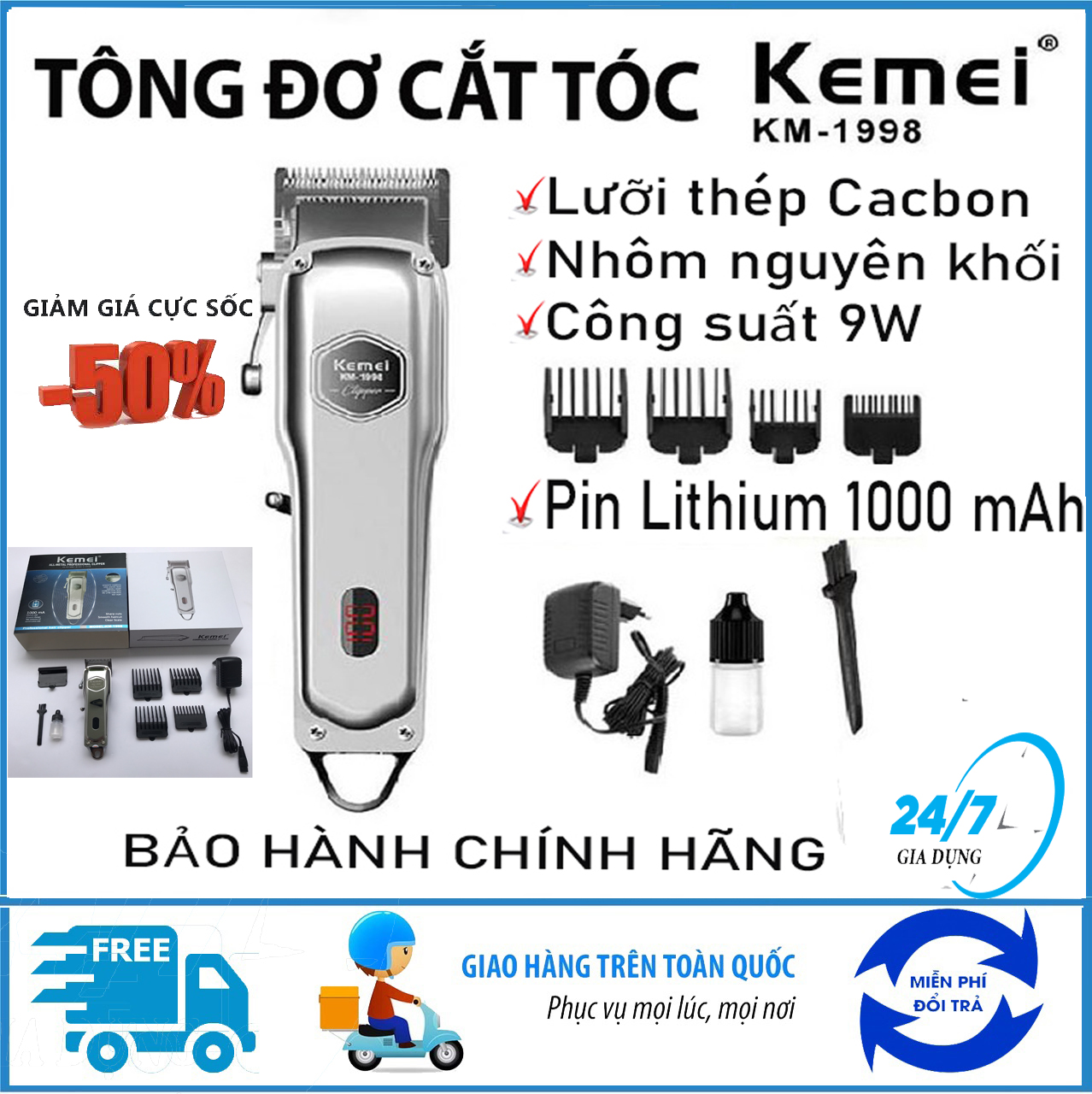 Tông đơ cắt tóc cao cấp Kemei 1998 thân nhôm nguyên khối, tông đơ cắt tóc chuyên nghiệp không dây sạc pin, tăng đơ hớt tóc cho trẻ em, người lớn- Tông đơ cắt tóc Jichen 0817, Tông đơ cắt tóc Codol 531.