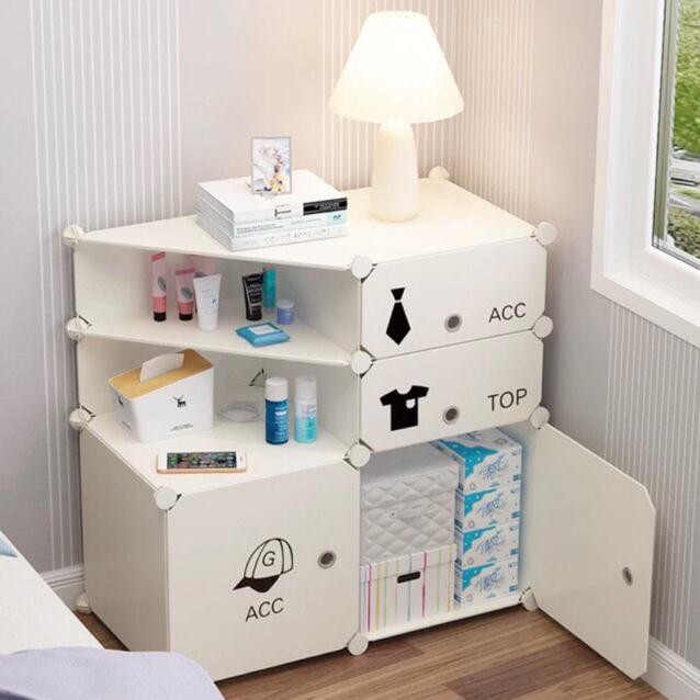 TỦ NHỰA LẮP GHÉP MINI ĐẦU GIƯỜNG 2 Ô TO 2 Ô NHỎ VÀ 2 KỆ GÓC ĐỂ QUẦN ÁO, ĐỒ DÙNG ĐA NĂNG