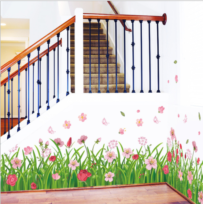 Decal dán tường decor phòng ngủ phòng khách: Chân tường hoa cỏ xinh xinh GNN117