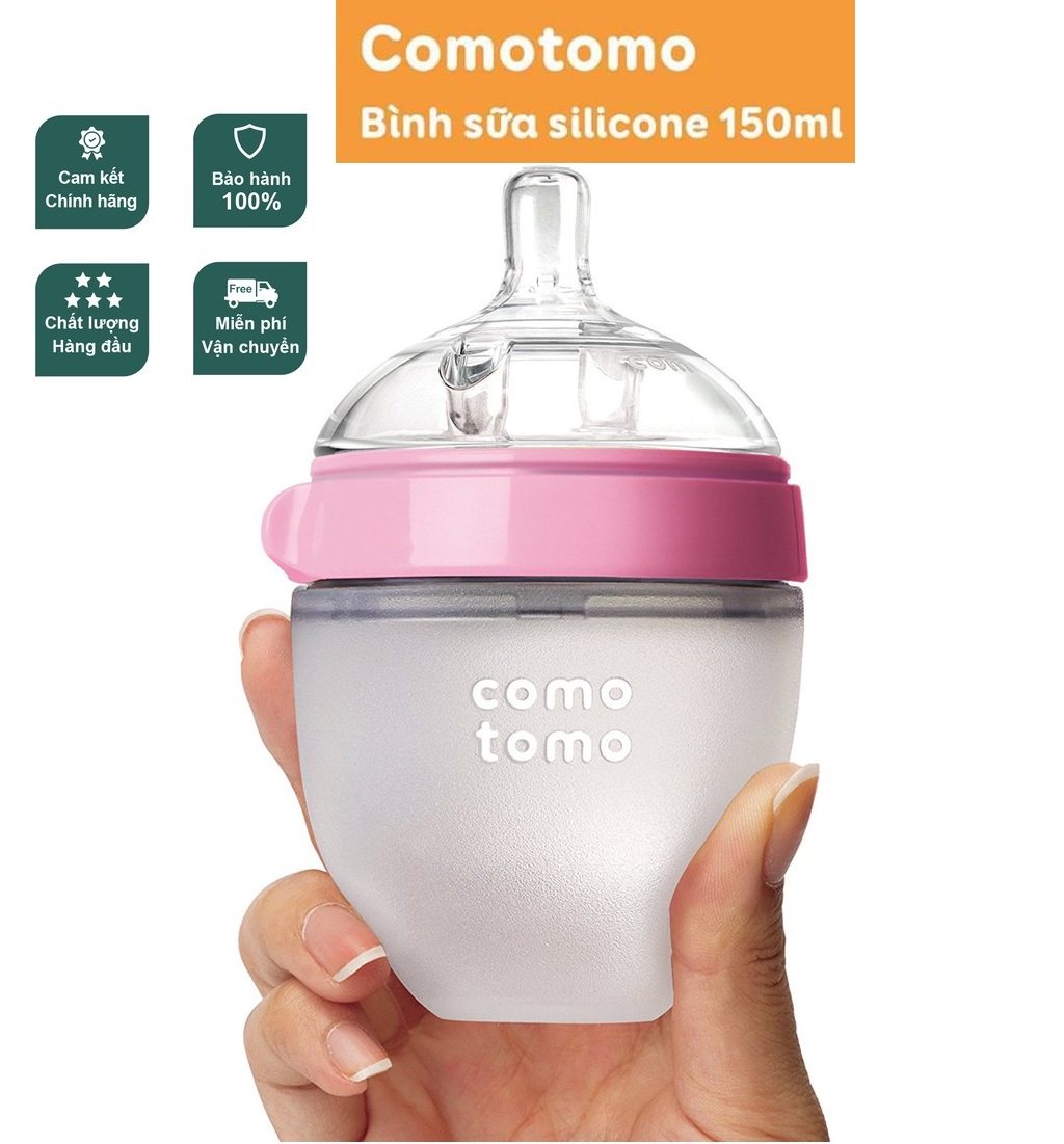 Bình sữa Comotomo Mỹ 150ml Bình sữa Comotomo 150ml đơn xanh/hồng silicone cao cấp, hoàn toàn không chứa BPA, cao su, Phthalate và chì nên an toàn tuyệt đối với sức khỏe của bé