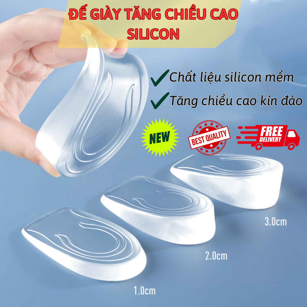 Lót giày tăng chiều cao silicon êm chân. Miếng lót độn giày trong suốt unisex tăng chiều cao silicon đàn hồi chống sốc