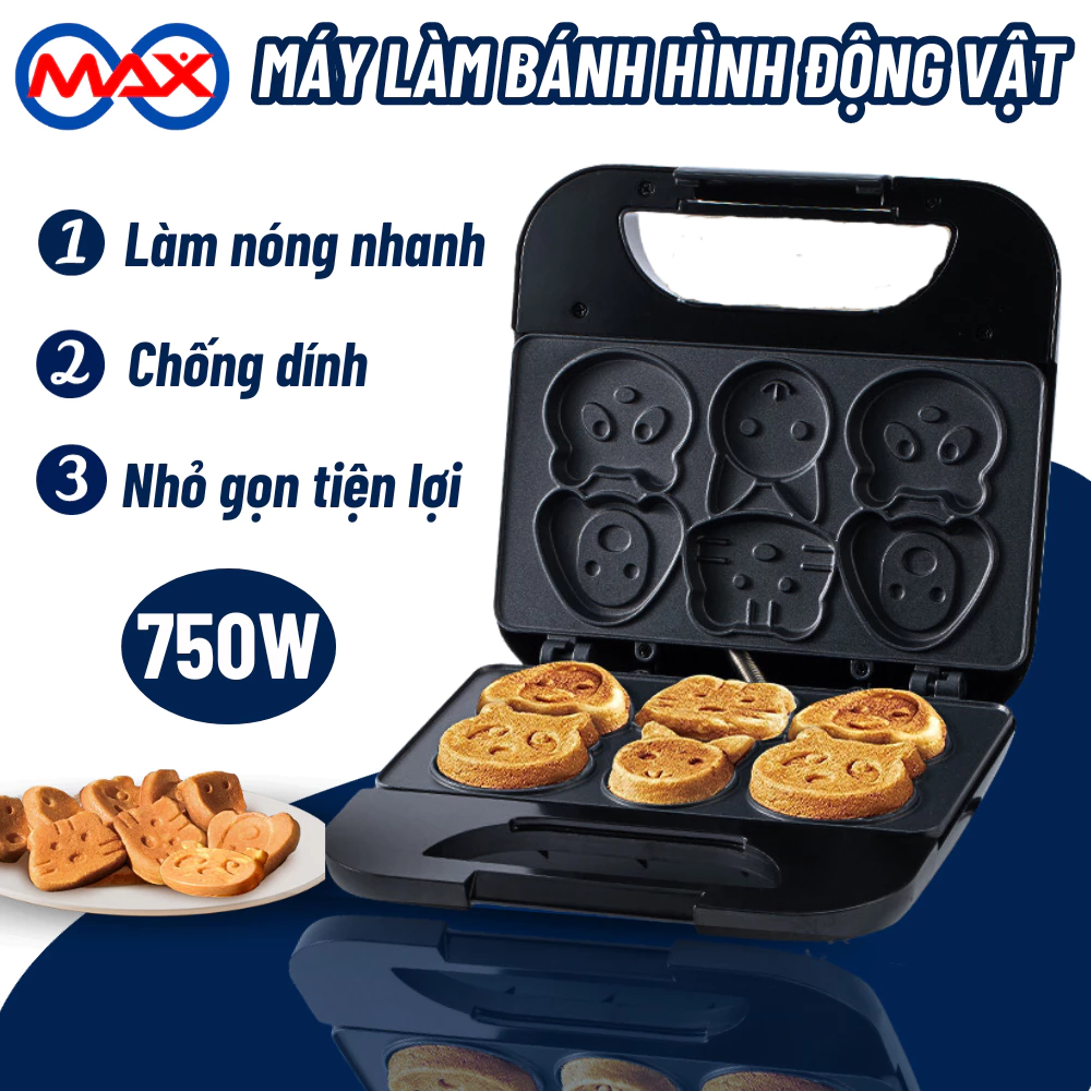 Máy làm bánh khuôn 6 hình động vật, máy nướng bánh hình thú chống dính, làm bữa sáng cho bé hình thù dễ thương tiện lợi