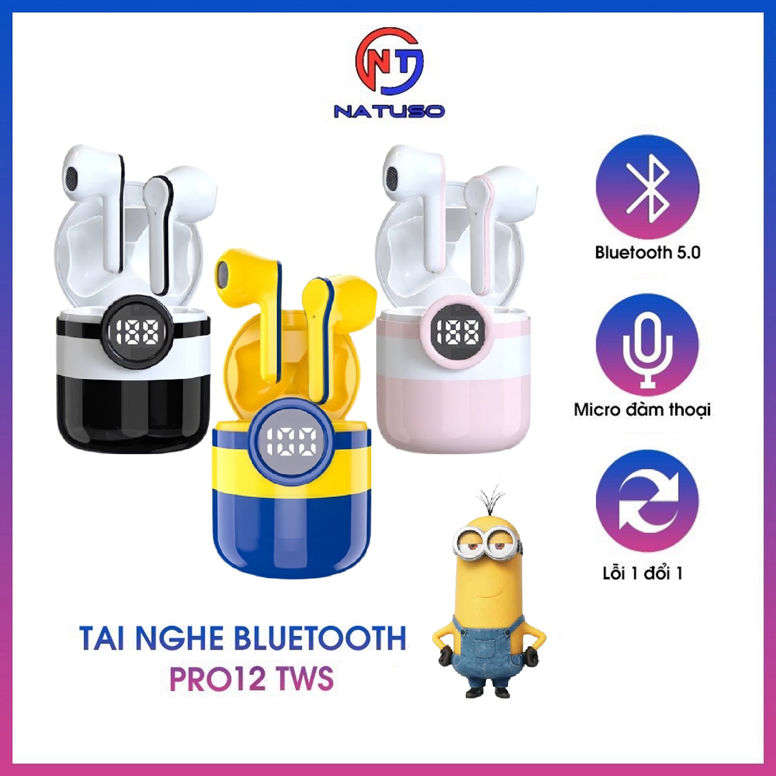 Tai nghe không dây nhét tai bluetooth cảm ứng Pro12 TWS 5.0 hình minion cute âm thanh chất lượng