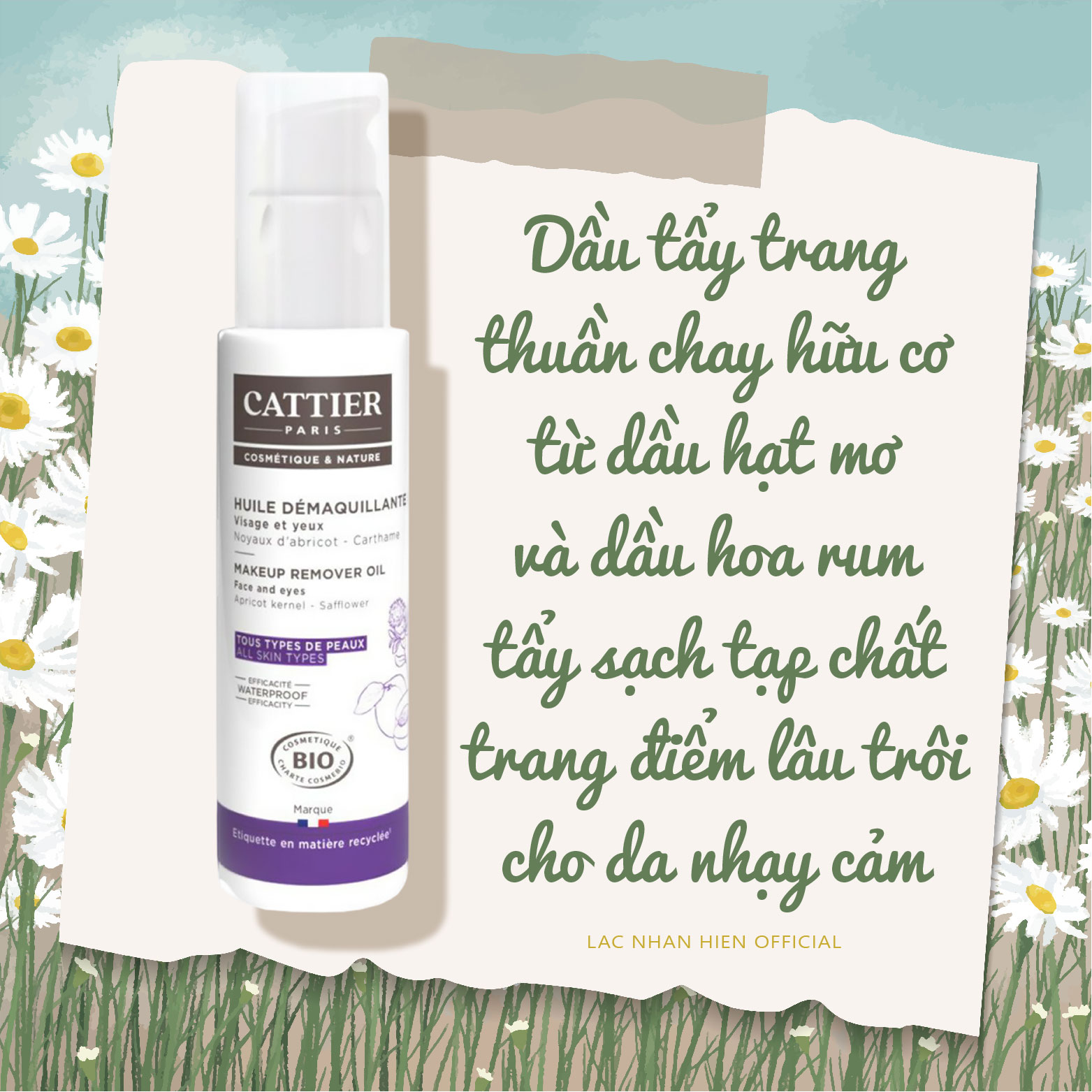 DẦU TẨY TRANG HỮU CƠ THUẦN CHAY CATTIER MAKEUP REMOVER OIL 100% TỰ NHIÊN CHO DA NHẠY CẢM