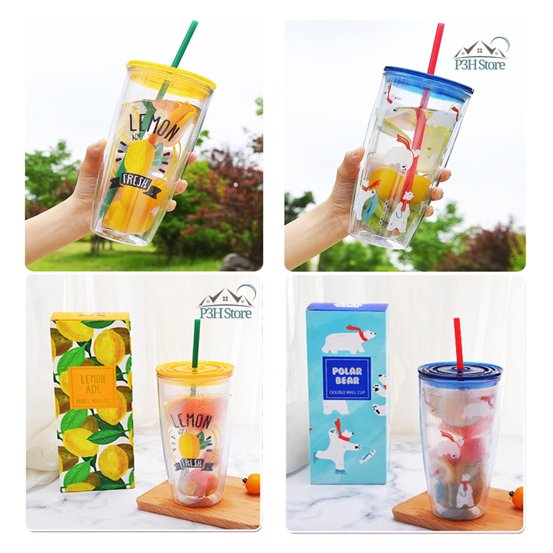 [HCM]Ly nhựa 2 lớp có ống hút Lock&Lock dung tích 750ml HAP507