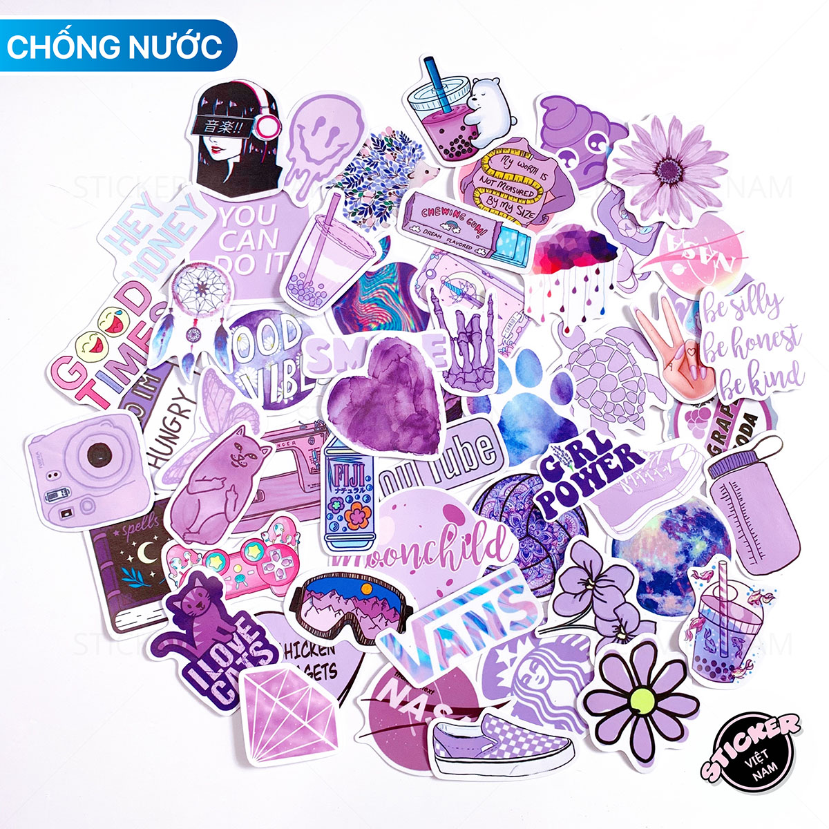 Sticker Màu Tím Nhạt Purple Pastel siêu dễ thương - Chất liệu PVC chất lượng cao chống nước, chống nắng - Kích thước 4-8cm - Decor tường tủ xe, trang trí nón bảo hiểm, laptop, đàn guitar, sổ tay - Sticker Việt Nam