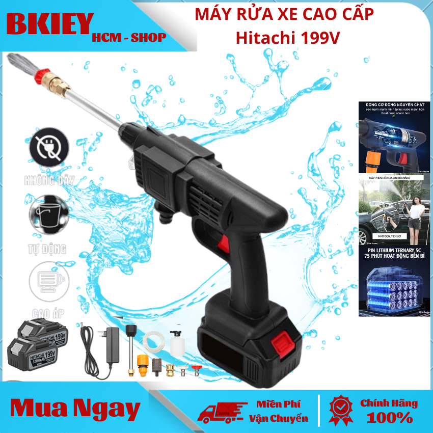 Máy rửa xe hitachi 199v - máy rửa xe 3 pin máy rửa xe mini gia đình máy rửa xe chạy pin 36000mah. bảo hành 1 năm
