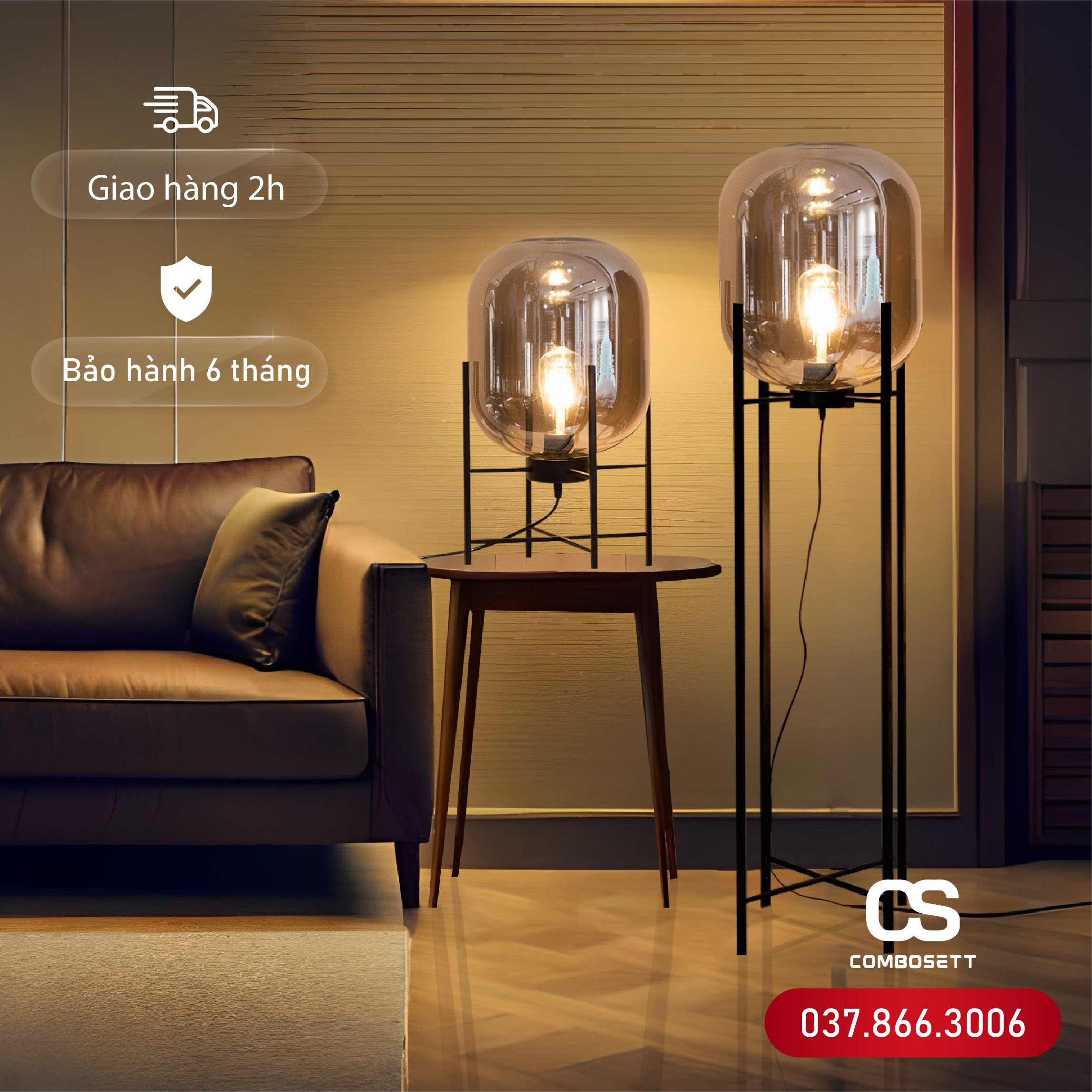 Đèn cây đứng sàn decor phòng ngủ bằng thủy tinh Đèn sàn chao kính trang trí bàn ăn, sofa đọc sách, quán cafe - Combosett