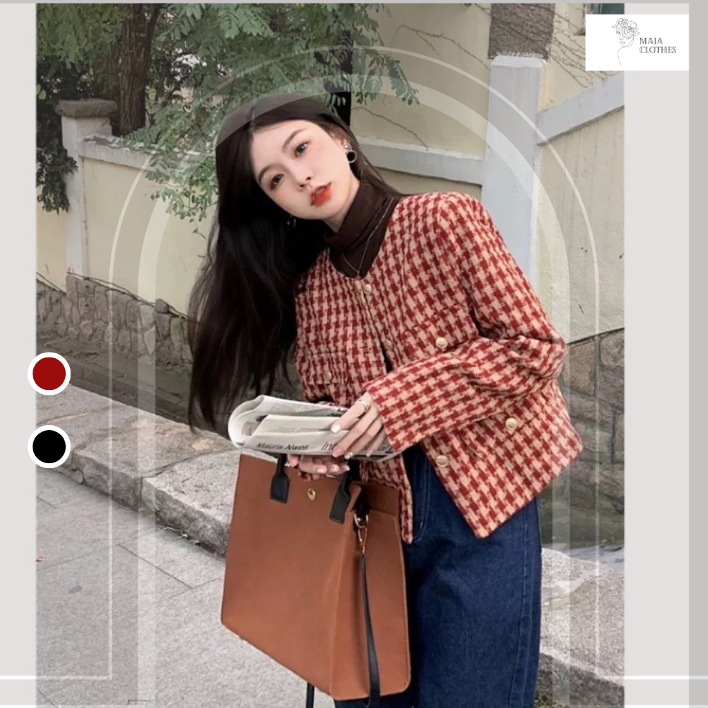 Áo dạ tweed 2 lớp kẻ caro dáng lửng cổ tròn mã 6217 Maia.clothes